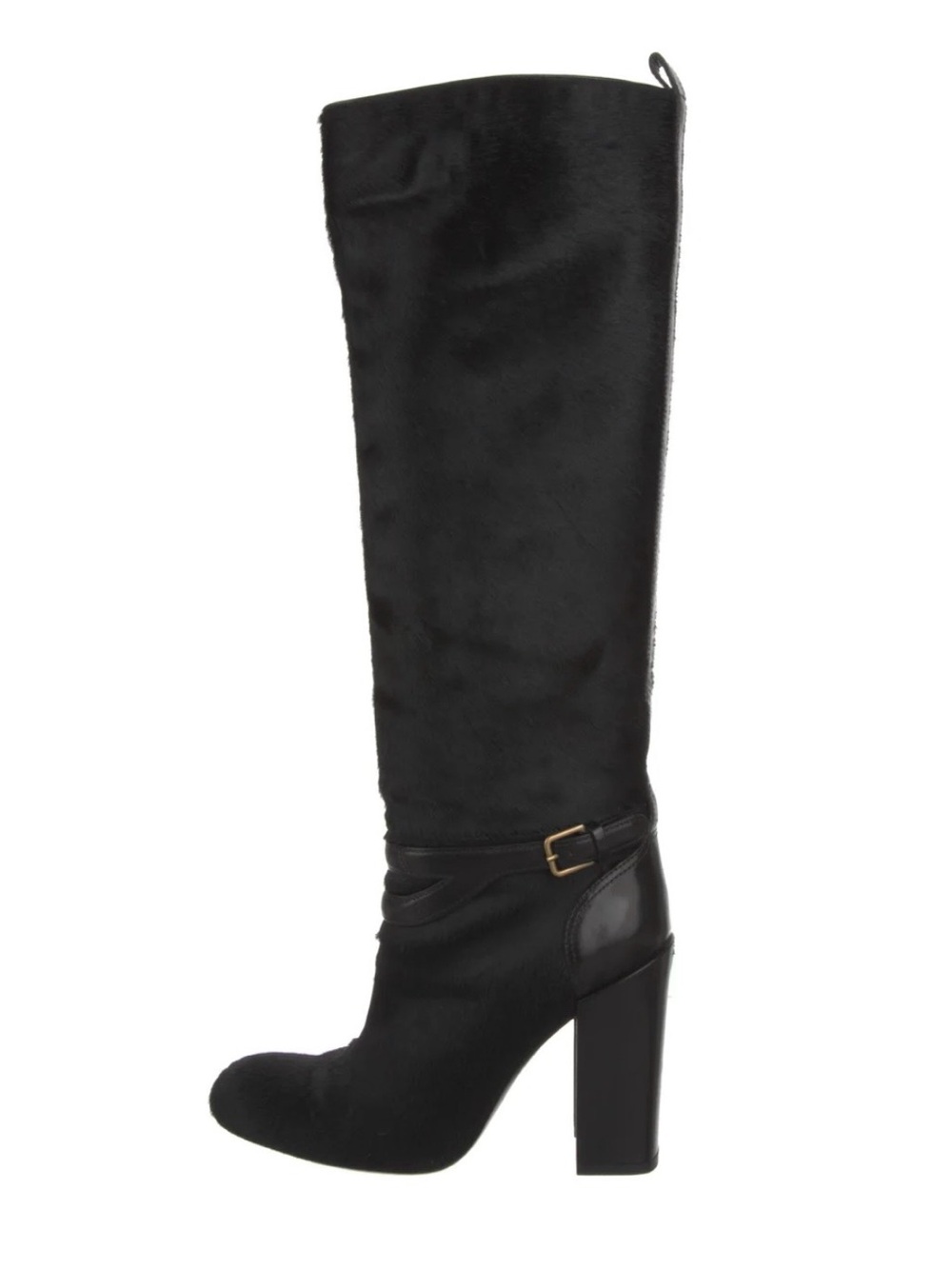 Yves Saint Laurent Pony Hair Black Over-the-Knee Block Heel Boots